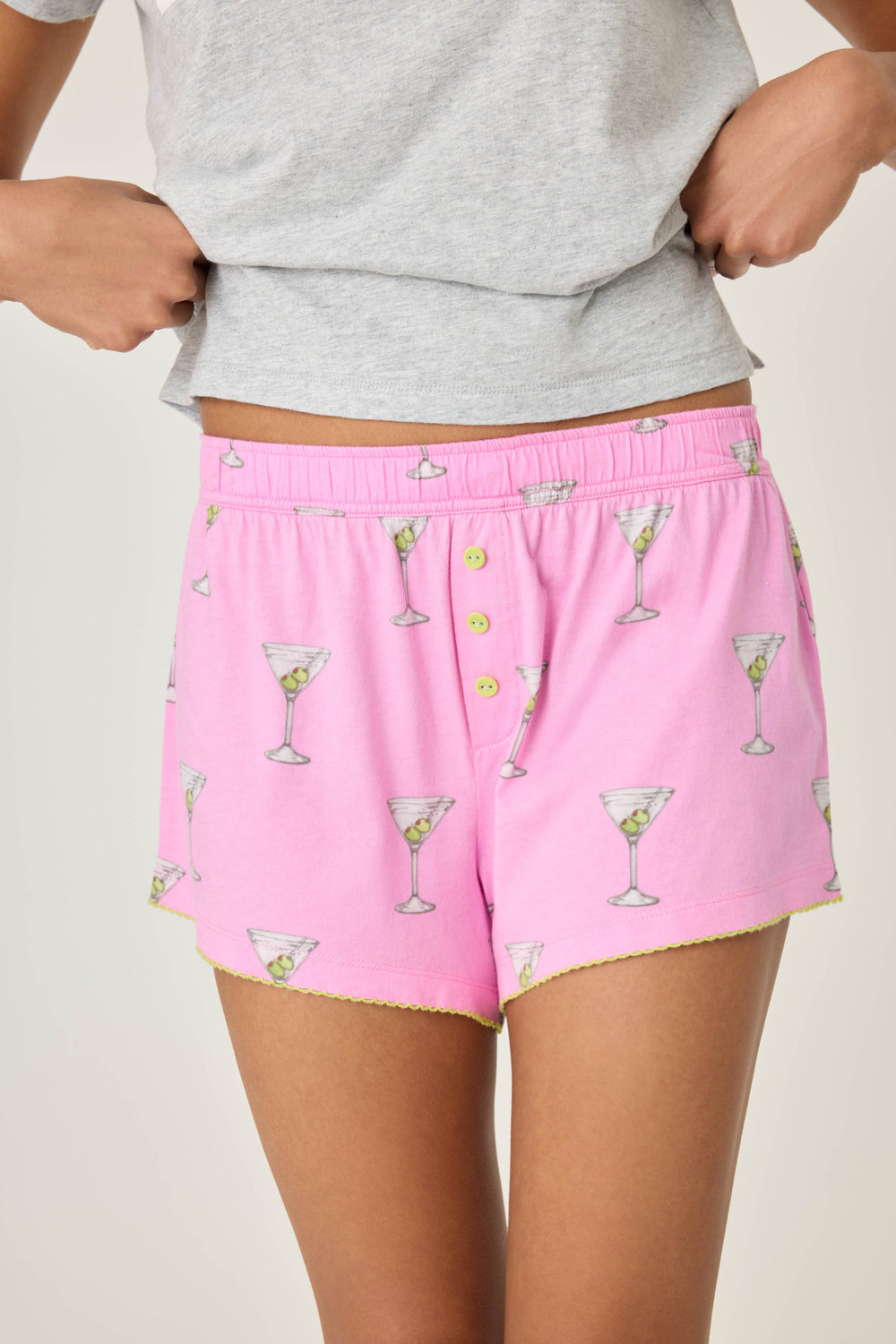 Pink martini print women's pj short in cotton-blend jersey. Elasticized waist with faux snap fly.
