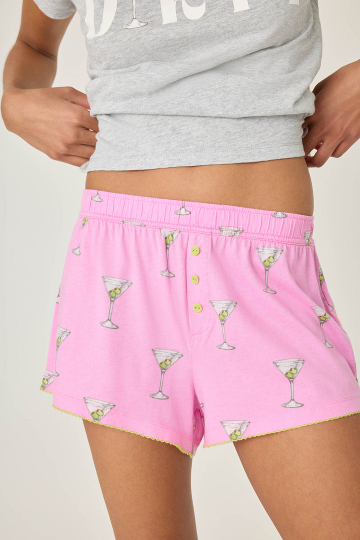 Pink martini print women's pj short in cotton-blend jersey. Elasticized waist with faux snap fly.