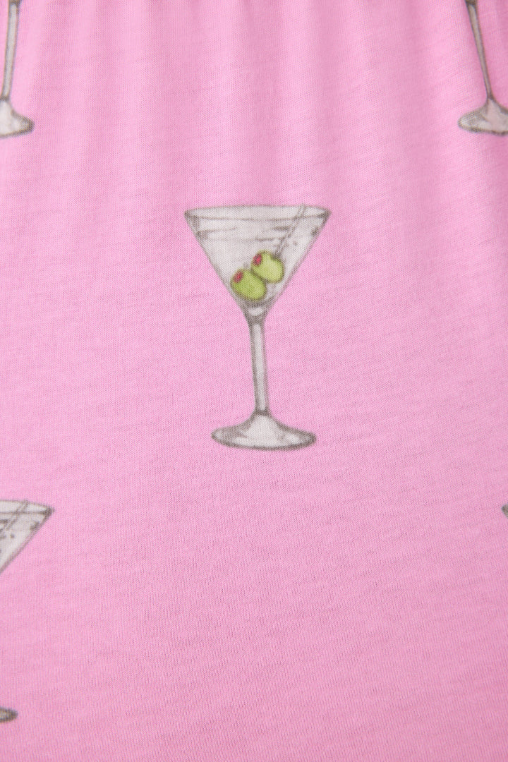 Pink martini print women's pj short in cotton-blend jersey. Elasticized waist with faux snap fly.