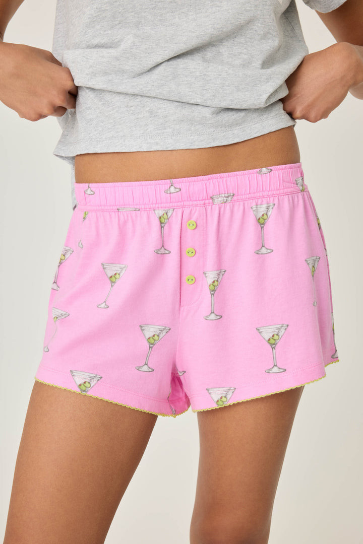 Pink martini print women's pj short in cotton-blend jersey. Elasticized waist with faux snap fly.