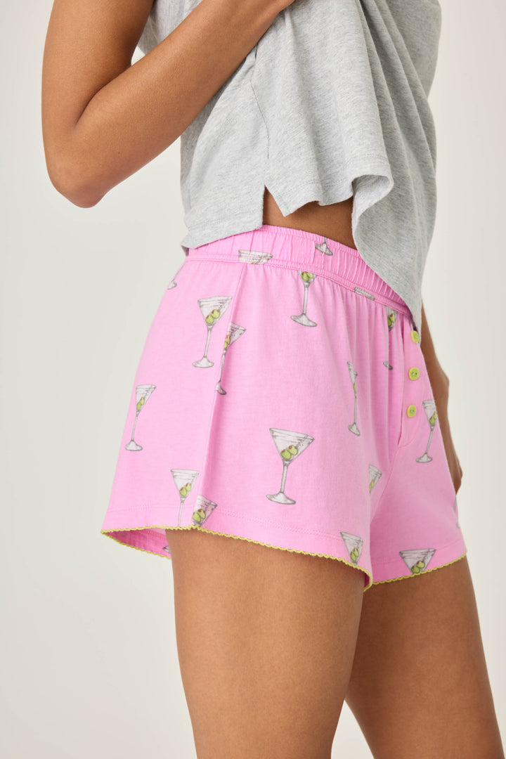 Pink martini print women's pj short in cotton-blend jersey. Elasticized waist with faux snap fly.