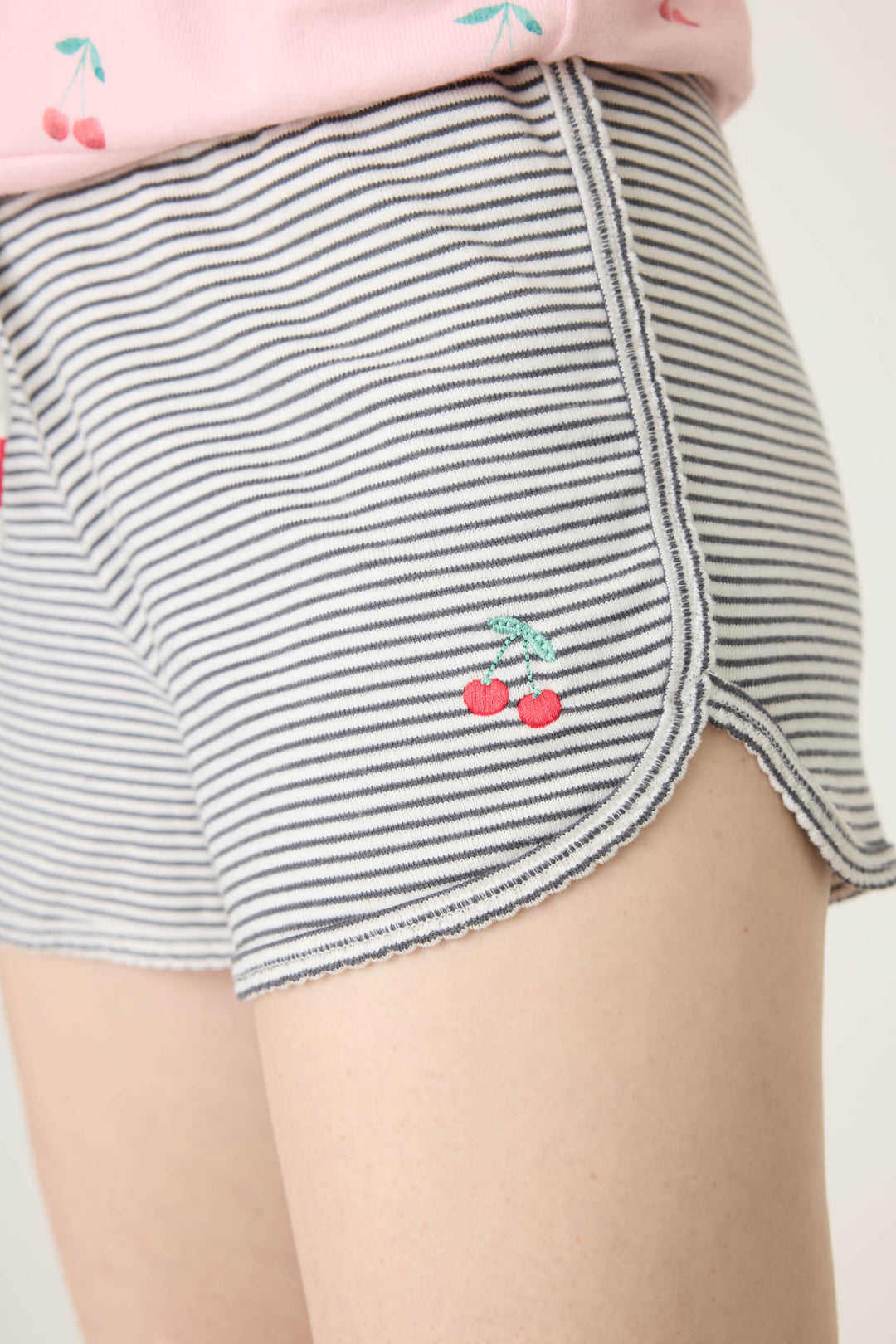 Women's black and white stripe pj short with cherry detail.