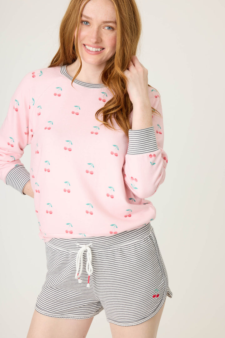 Women's black and white stripe pj short with cherry detail.