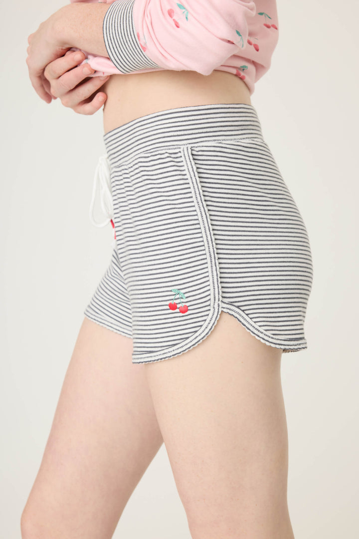 Women's black and white stripe pj short with cherry detail.