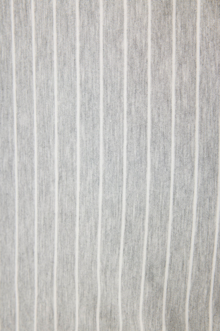 Grey-ivory pinstripe modal women's sleep short with pink piping contrast. Contrast tie waist.