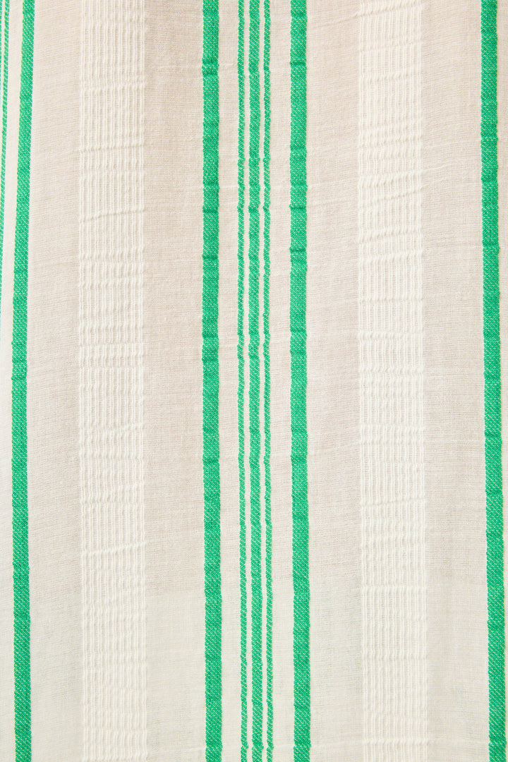 Women's green & white striped short in cotton woven gauze. With elastic waist & drawcord tassle.