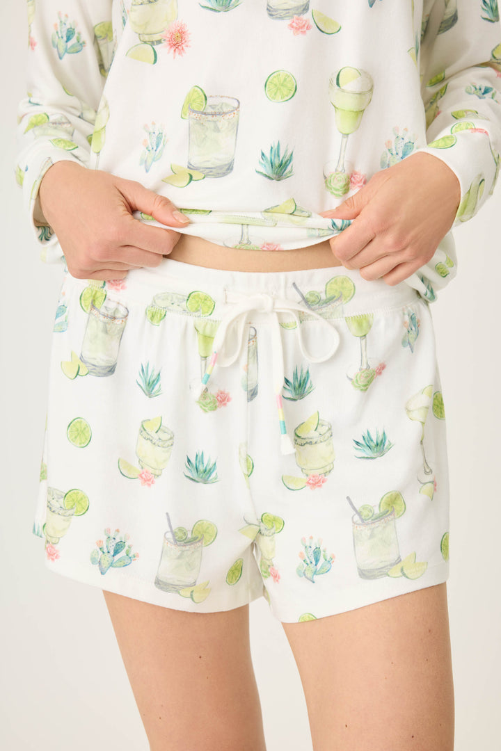 Margarita & lime printed pajama short for women in ivory butter jersey. Tie waistband.