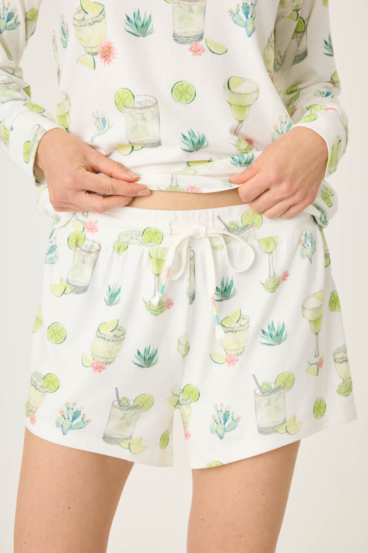 Margarita & lime printed pajama short for women in ivory butter jersey. Tie waistband.