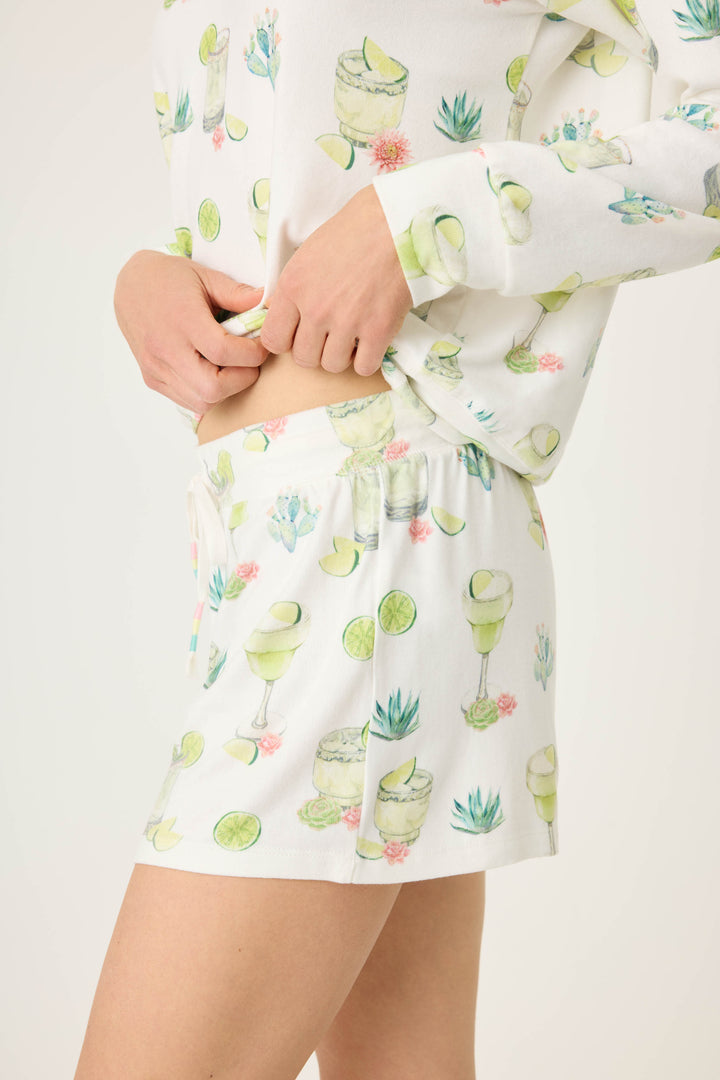 Margarita & lime printed pajama short for women in ivory butter jersey. Tie waistband.