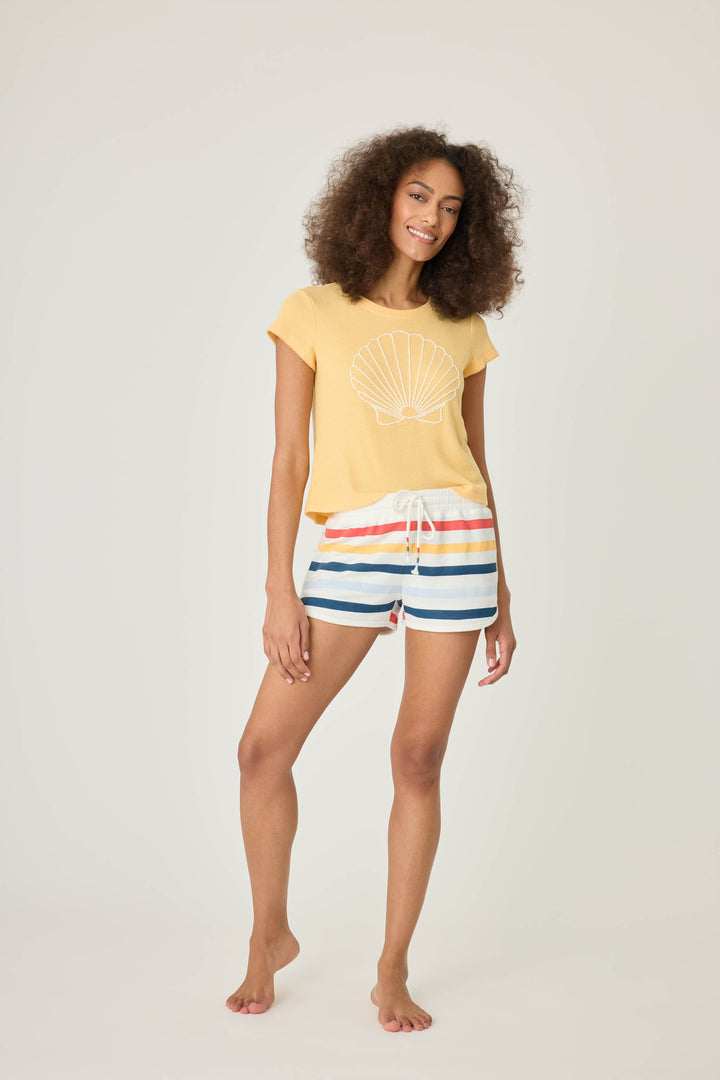 Ivory with navy, red, gold striped lounge shorts for women. Elastic tie waist & curved hem binding.