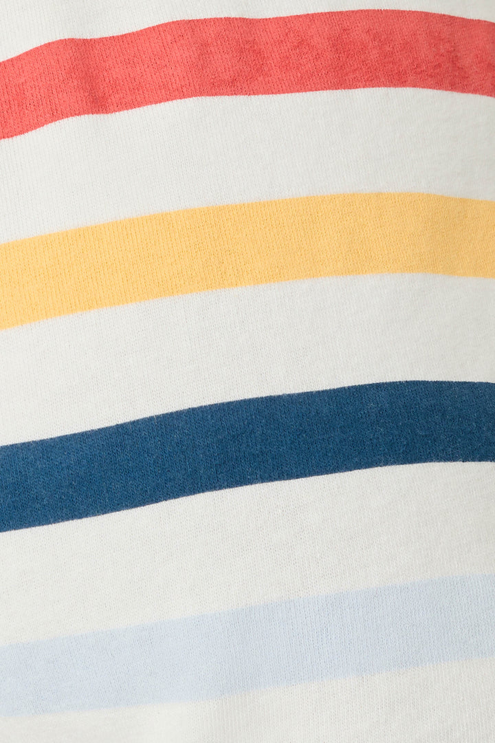 Ivory with navy, red, gold striped lounge shorts for women. Elastic tie waist & curved hem binding.