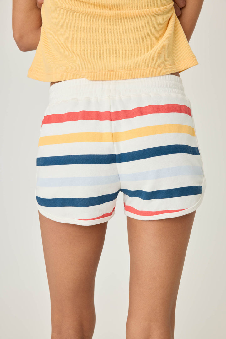 Ivory with navy, red, gold striped lounge shorts for women. Elastic tie waist & curved hem binding.