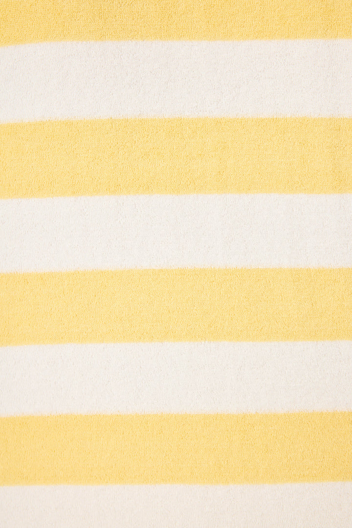 Ivory-yellow terry stripe short for women. Mini embroidered blue palm at hem. Tie waist.
