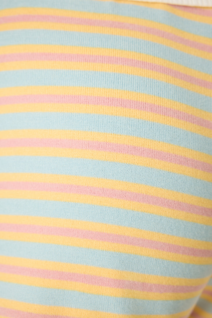 Multi-striped sleep short in orange-sage-dusty pink. With small floral embroidery details.