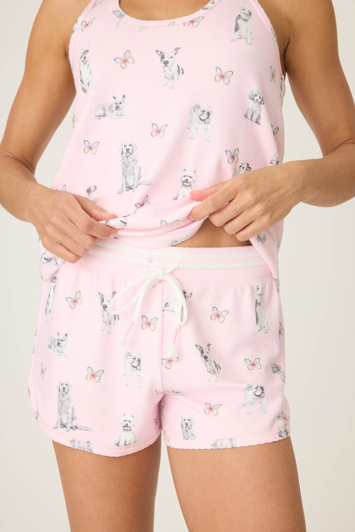 Pink dog-printed pajama short for women with tie waist & scallop trim hem.