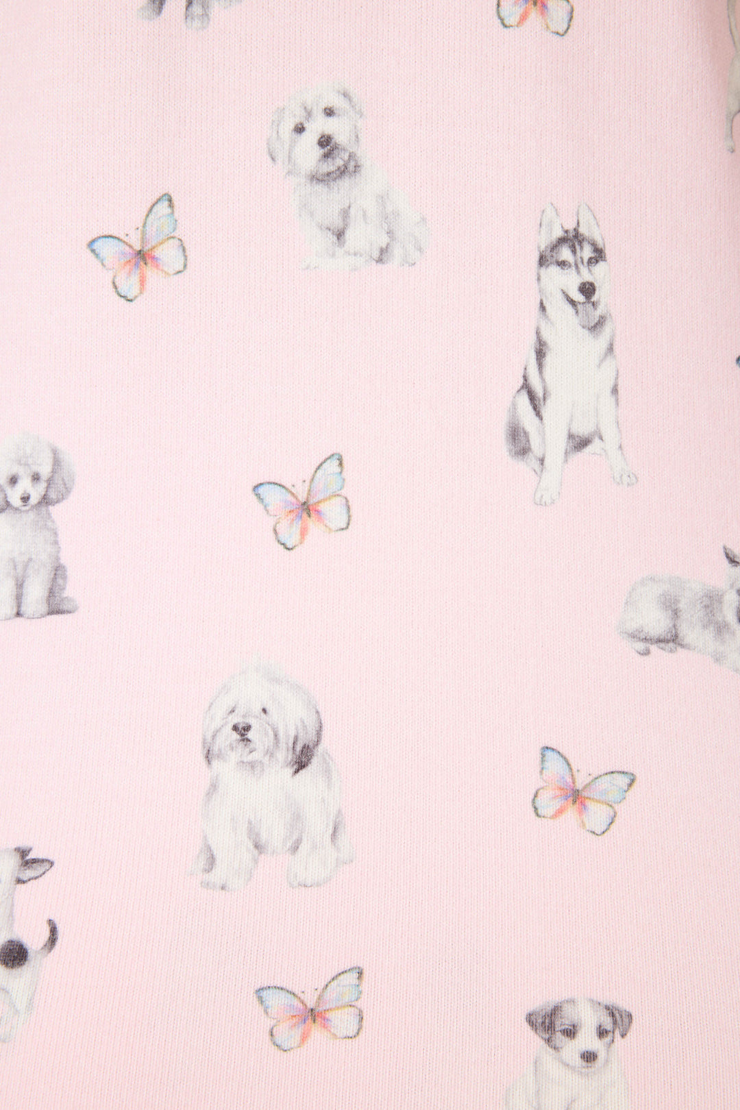 Pink dog-printed pajama short for women with tie waist & scallop trim hem.