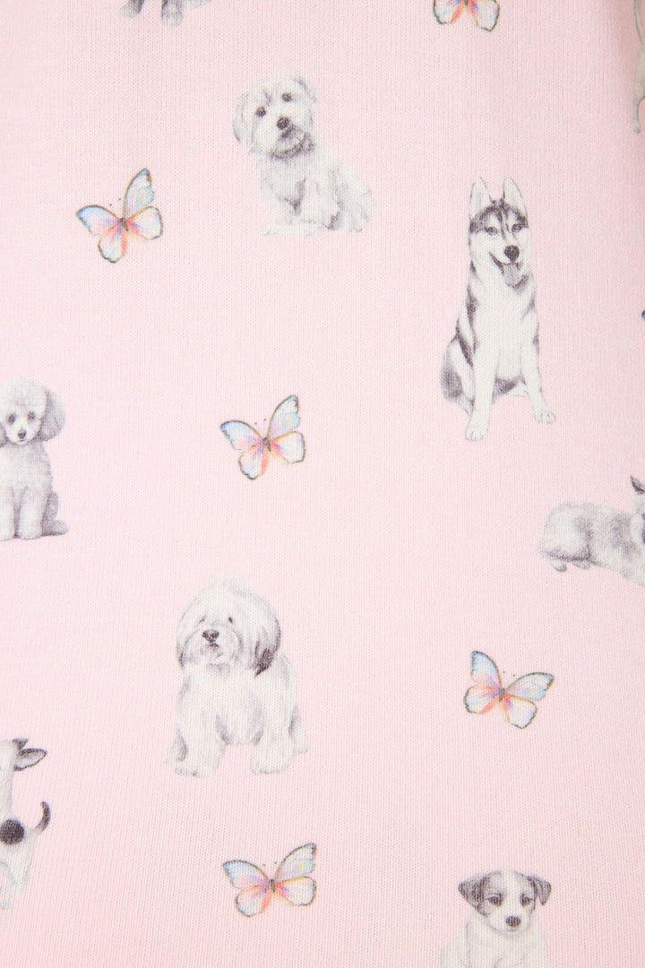Pink dog-printed pajama short for women with tie waist & scallop trim hem.