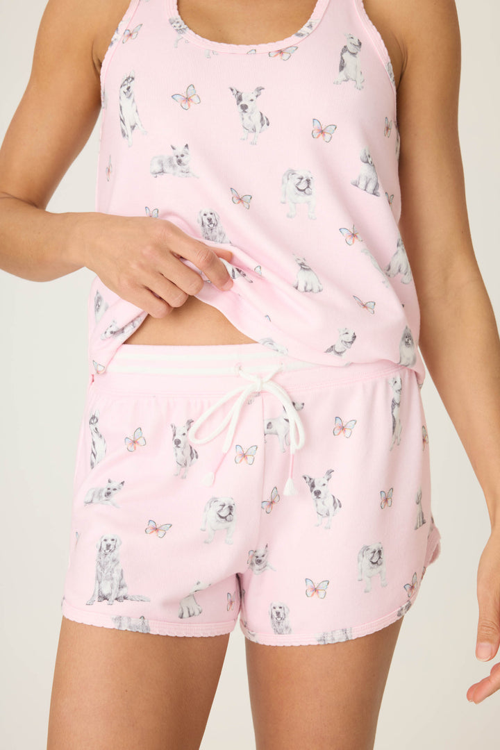 Pink dog-printed pajama short for women with tie waist & scallop trim hem.