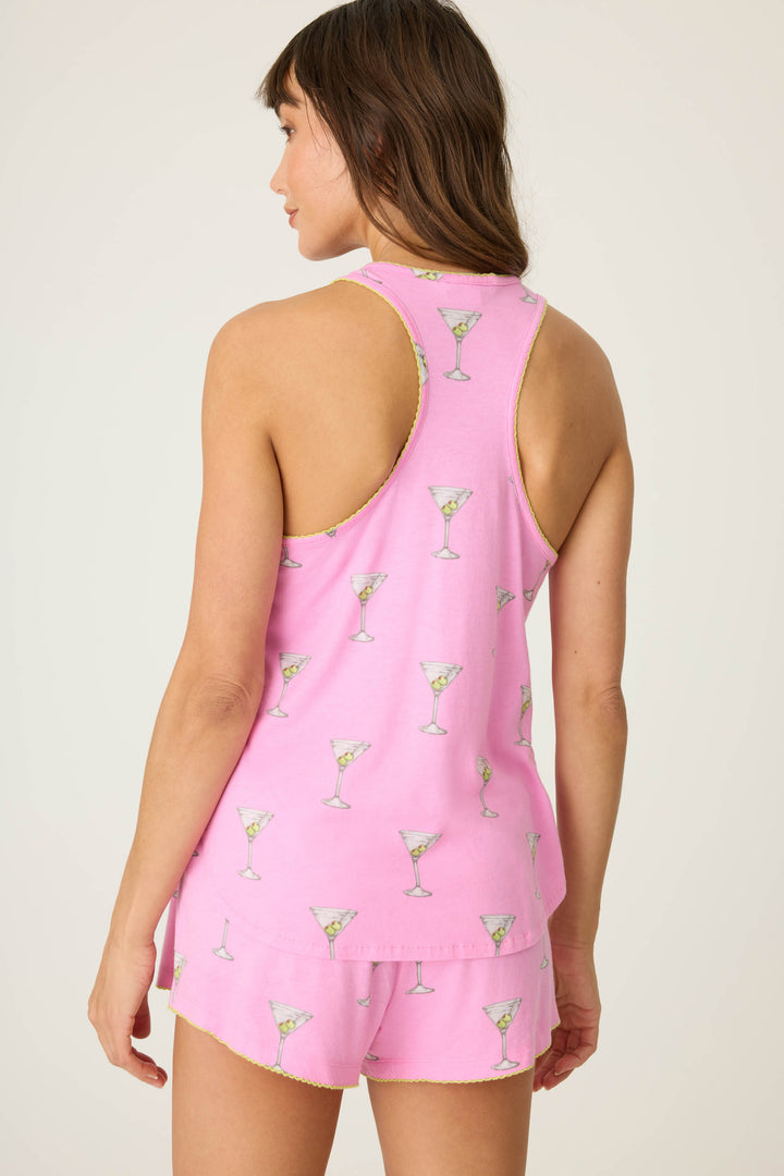 Pink martini print women's sleep tank top in cotton-blend jersey. Racer back with curved hem.