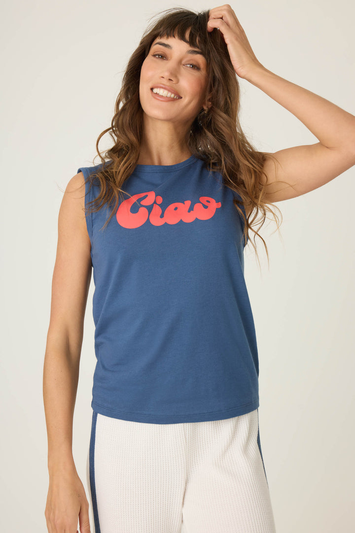 Navy sleeveless t-shirt with 'Ciao' red lettering graphic print on chest.