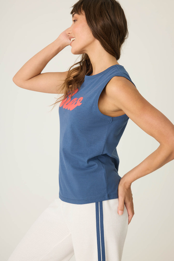 Navy sleeveless t-shirt with 'Ciao' red lettering graphic print on chest.