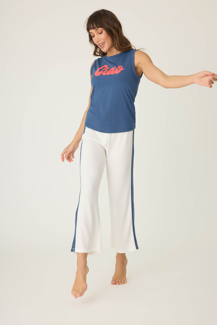 Navy sleeveless t-shirt with 'Ciao' red lettering graphic print on chest.