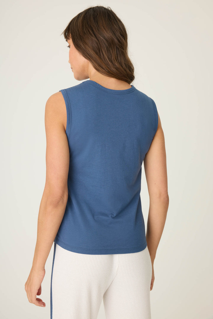 Navy sleeveless t-shirt with 'Ciao' red lettering graphic print on chest.