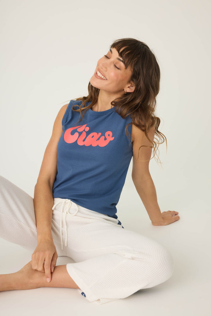 Navy sleeveless t-shirt with 'Ciao' red lettering graphic print on chest.