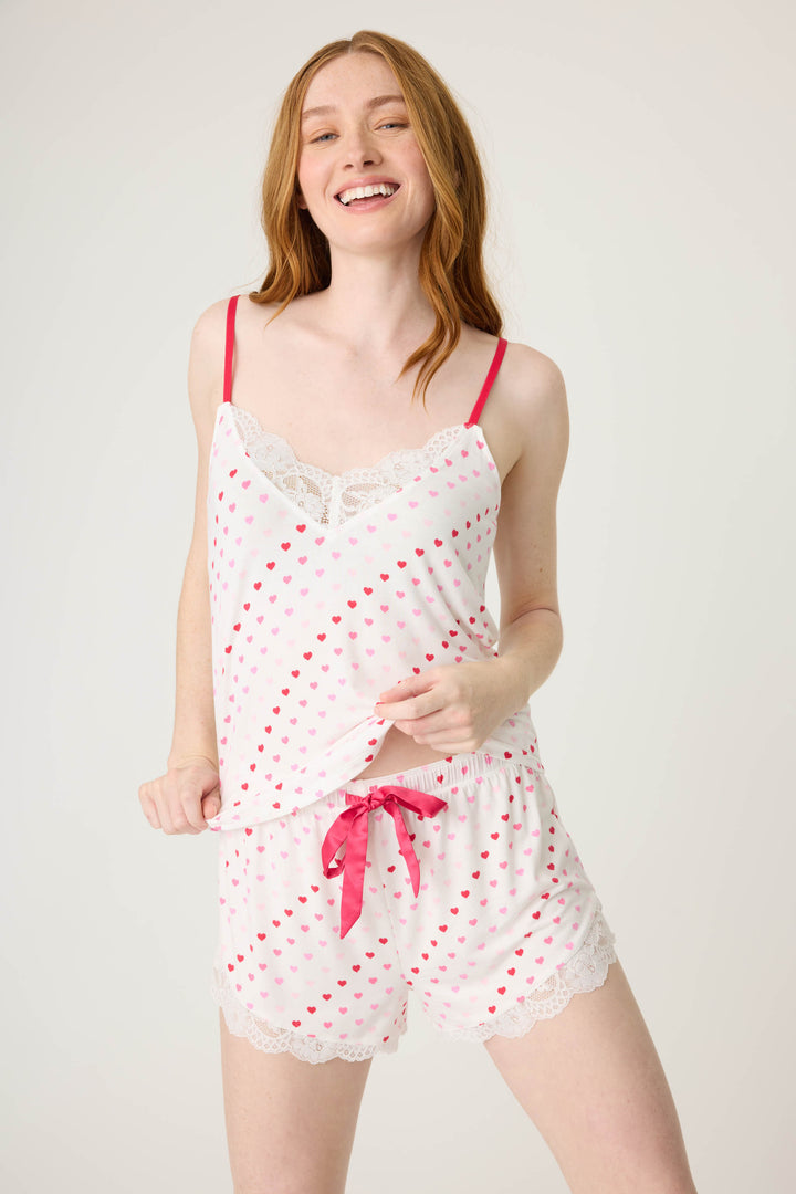 Women's white lace pj tank with pink heart pattern.