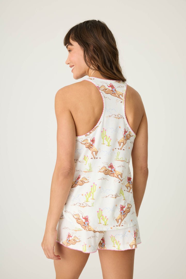 Natural Western print women's sleep tank top in cotton-blend jersey. Racer back with curved hem.