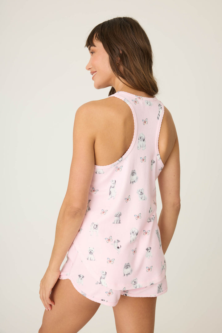 Pink dog-printed sleep tank top for women with racer back.