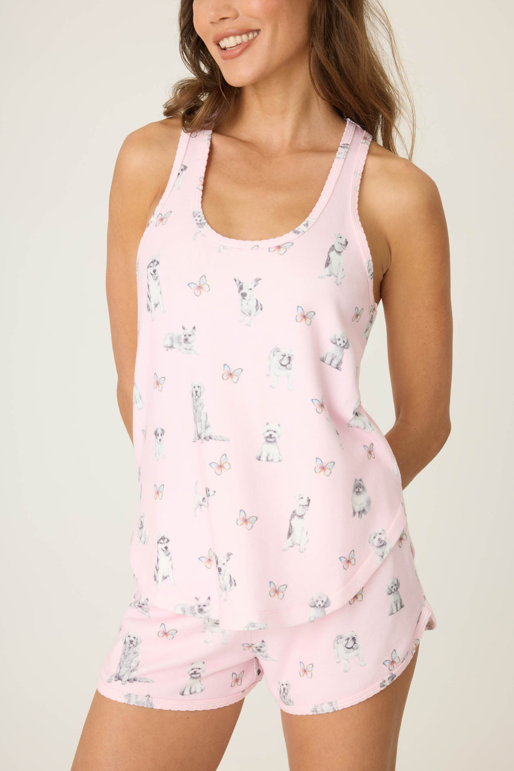 Pink dog-printed sleep tank top for women with racer back.