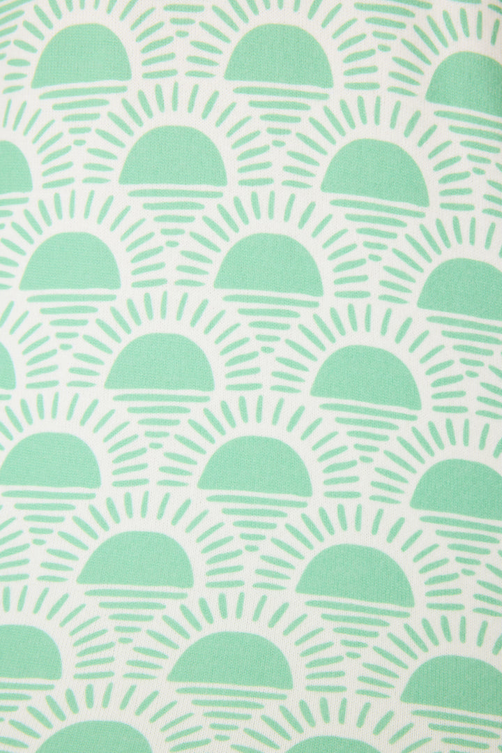 Women's green racket-sun printed racer back tank top wtih contrast binding armholes. Curved hem.