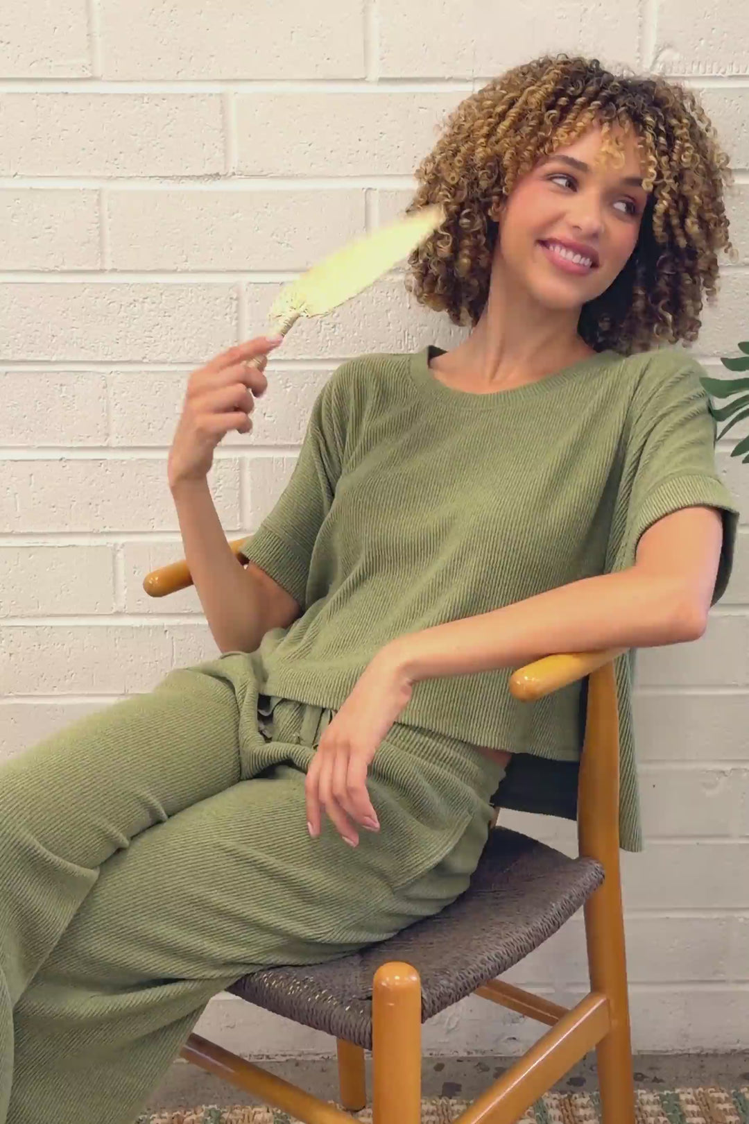 Soft Olive Rib Knit Short Sleeve Lounge Top