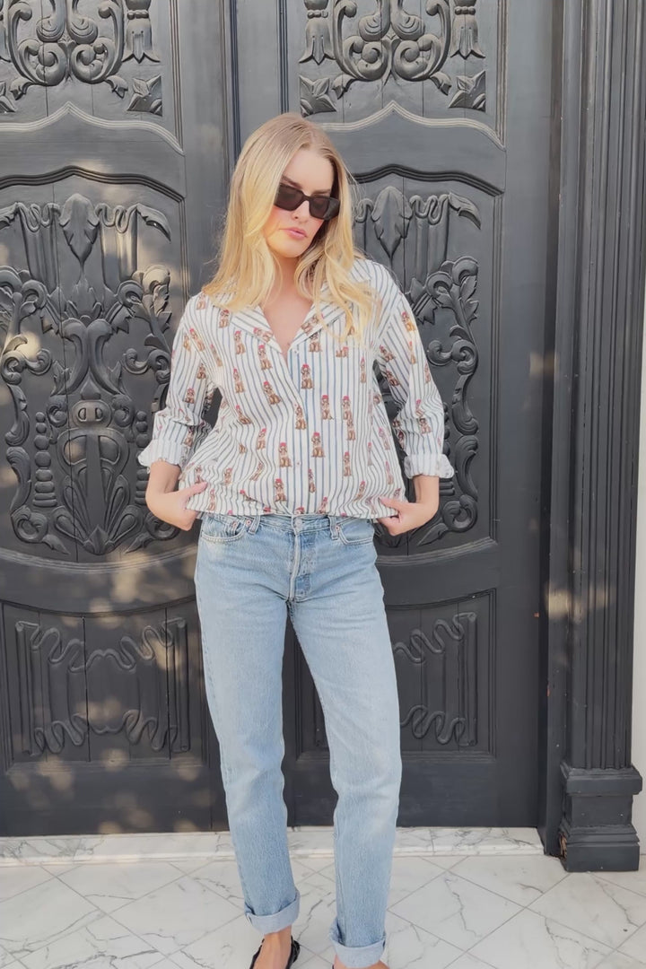 Afterparty Poplin Stripe & Poodle Print Long Sleeve Top