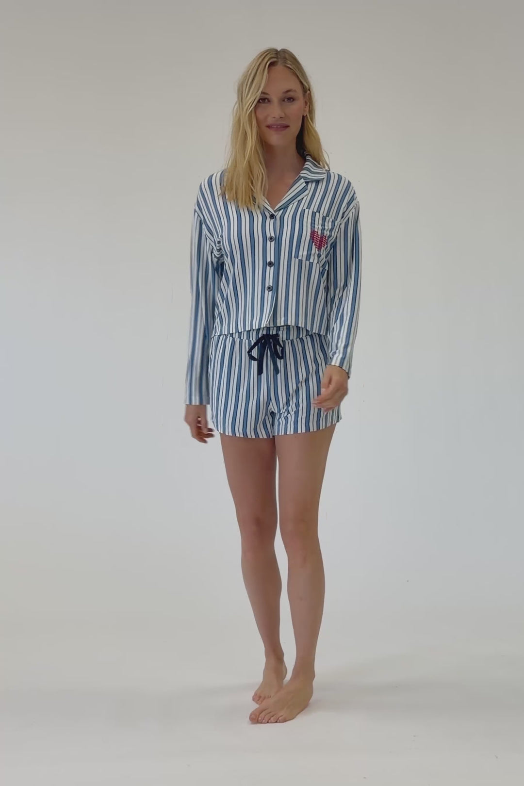 Soiree Dreams Blue Stripe Long Sleeve & Shorts PJ Set