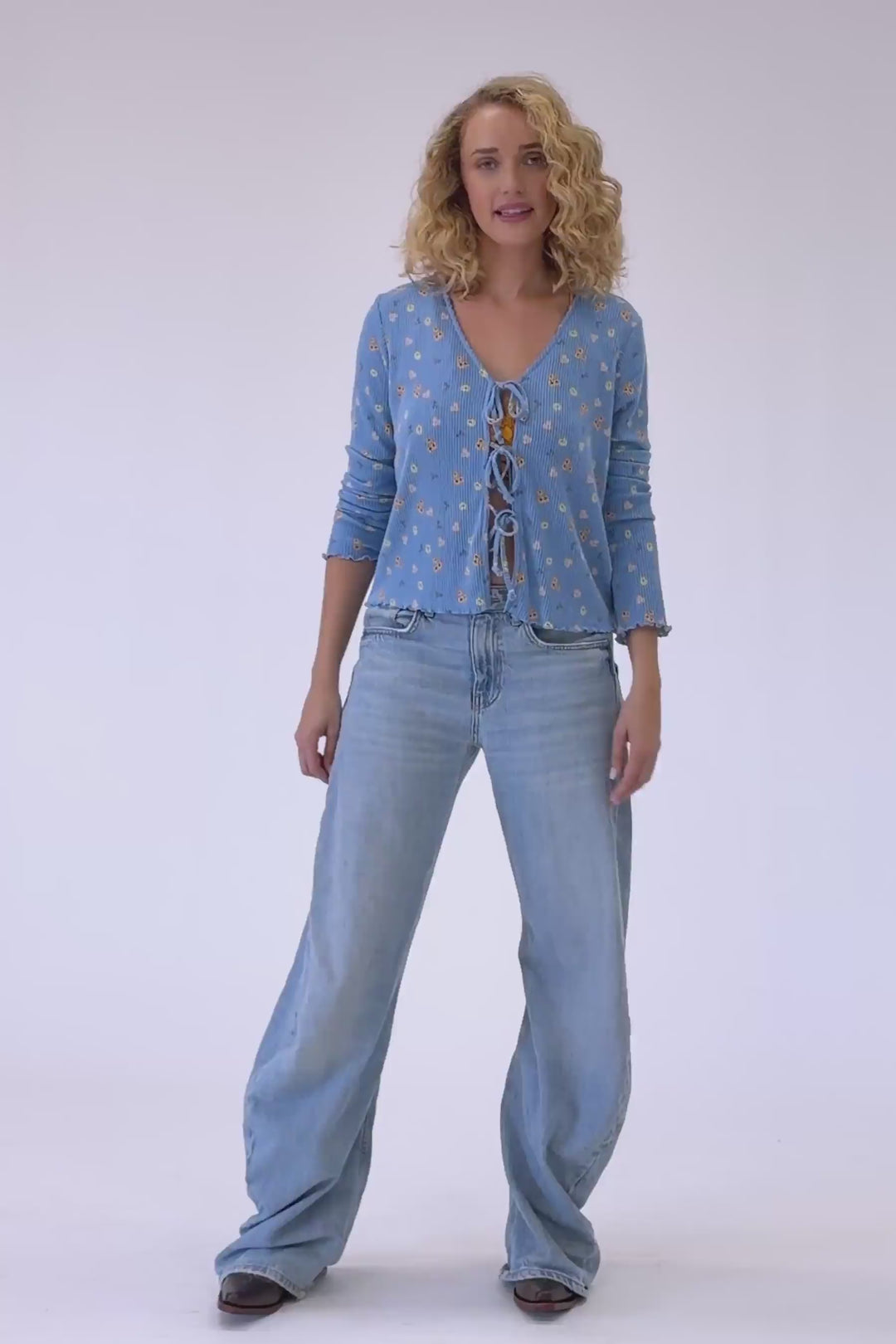 Tiny Blooms Paris Blue Floral Print Tie-Front Top