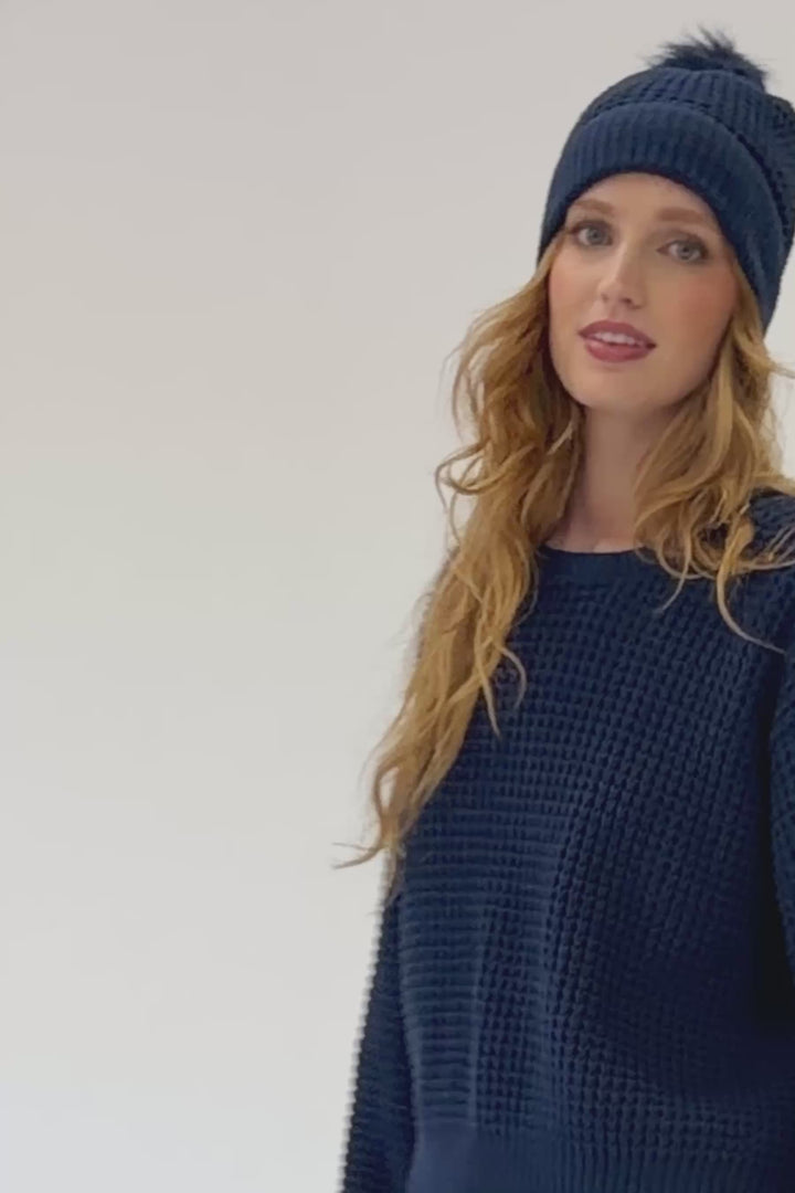 Cozy Chenille Waffle Deep Navy Pompom Beanie
