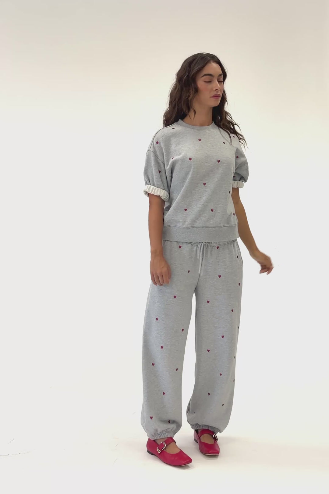 C'est La Vie Embroidered Hearts Roll Back Short Sleeve Sweatshirt