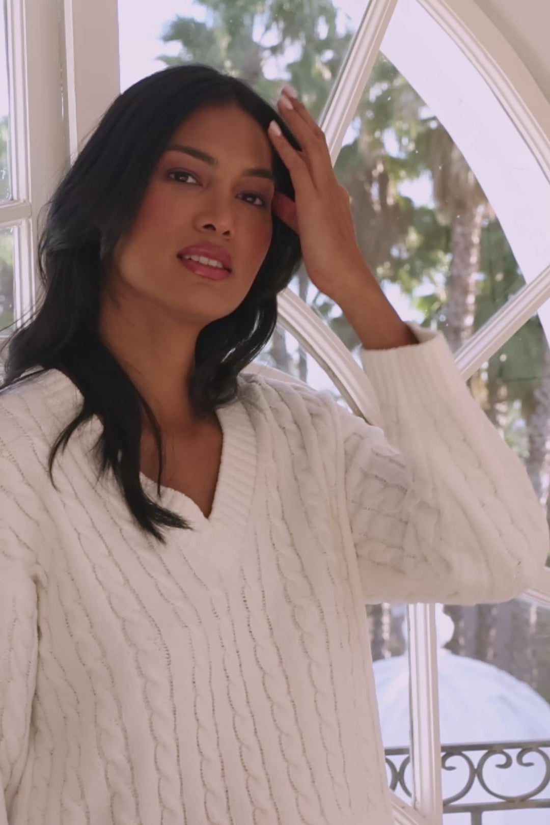 Cozy Chenille Cable Knit Ivory V-Neck Sweater