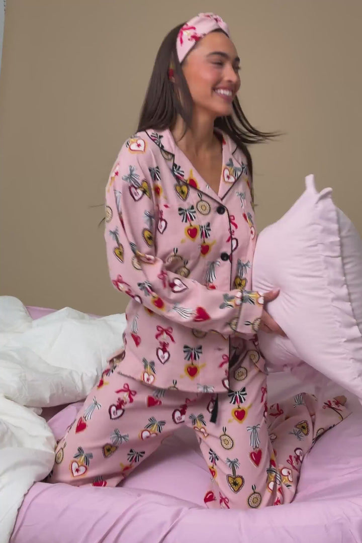 Love Lockets Print 3-Piece Long Sleeve Flannel PJ Set