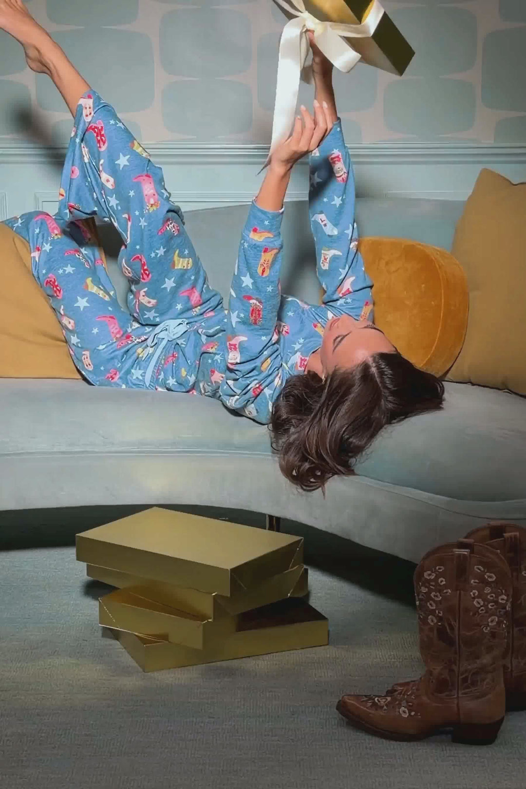 Howdy Holidays Cowboy Boots & Star Print Long Sleeve PJ Set