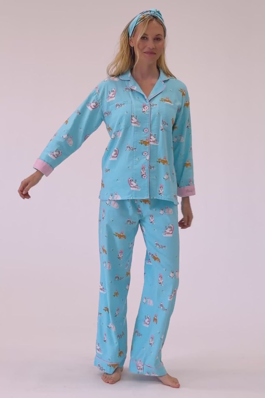 Pampered Cat Print 3-Piece Long Sleeve Flannel PJ Set