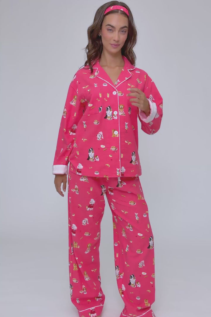 Dogs Who Brunch Print 3-Piece Long Sleeve Flannel PJ Set
