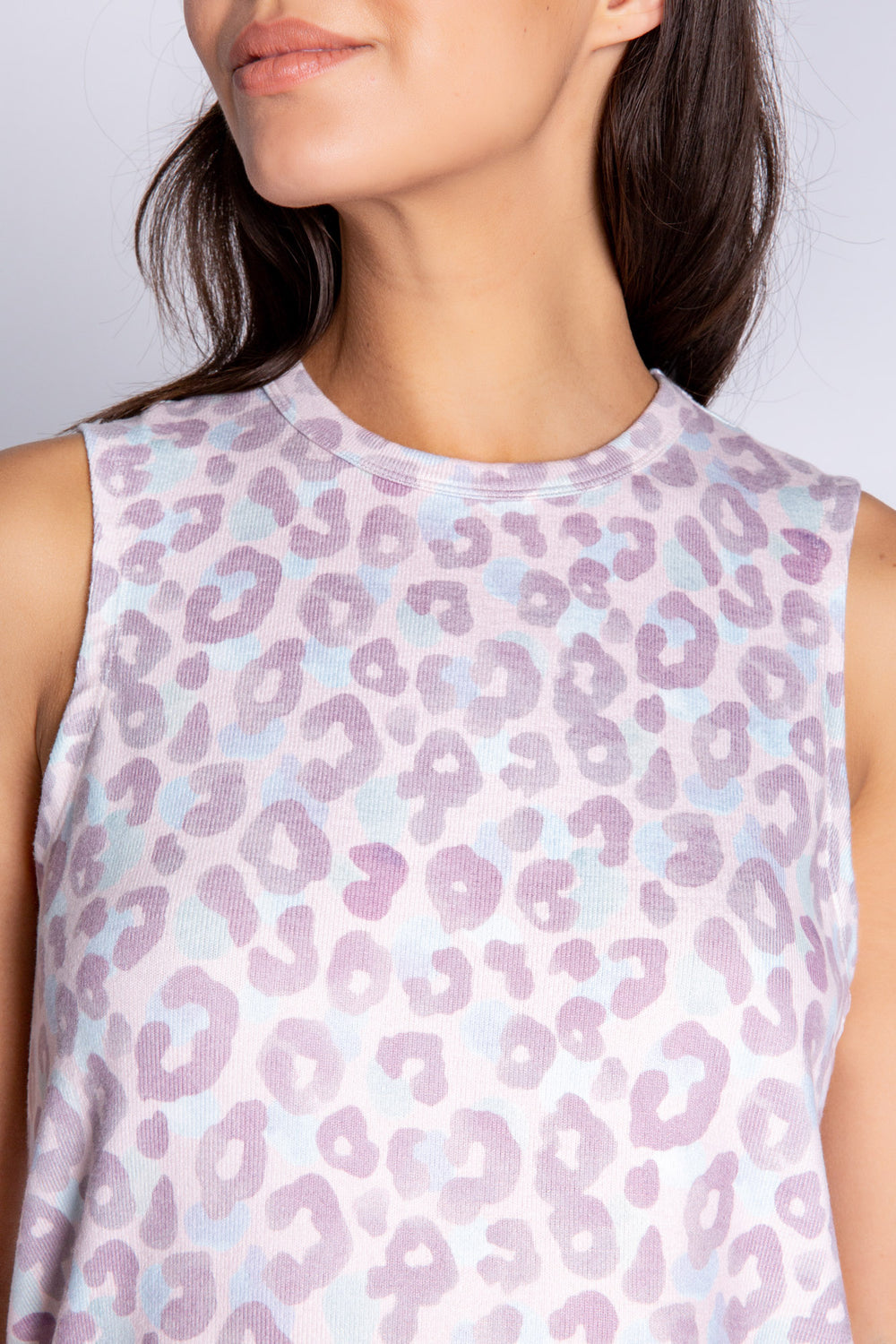 Vibrant plum & blue leopard printed tank top. Soft peachy jersey knit, with relaxed fit, round hem. (6589204791396)