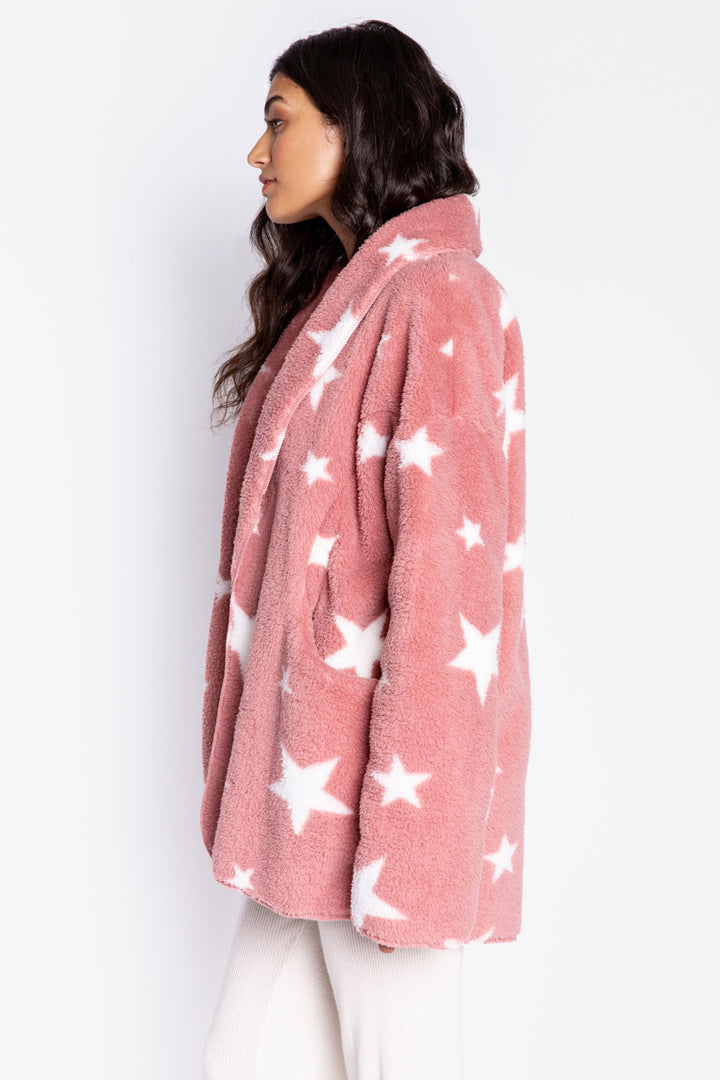 Pale pink & star-print faux fur cardigan with shawl collar & side pockets. Open front, no closure. (6982901989476)