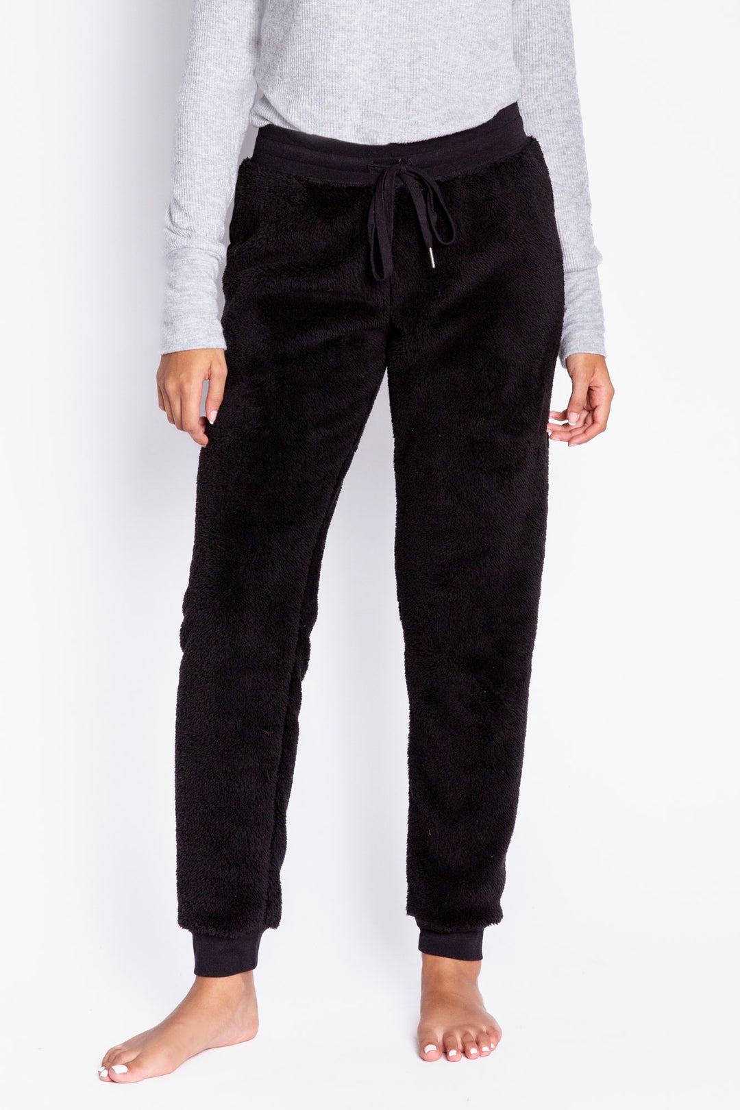 Black-deep grey speckled faux fur cozy pant. Banded rib knit bottom & waistband with tie. (6982902284388)