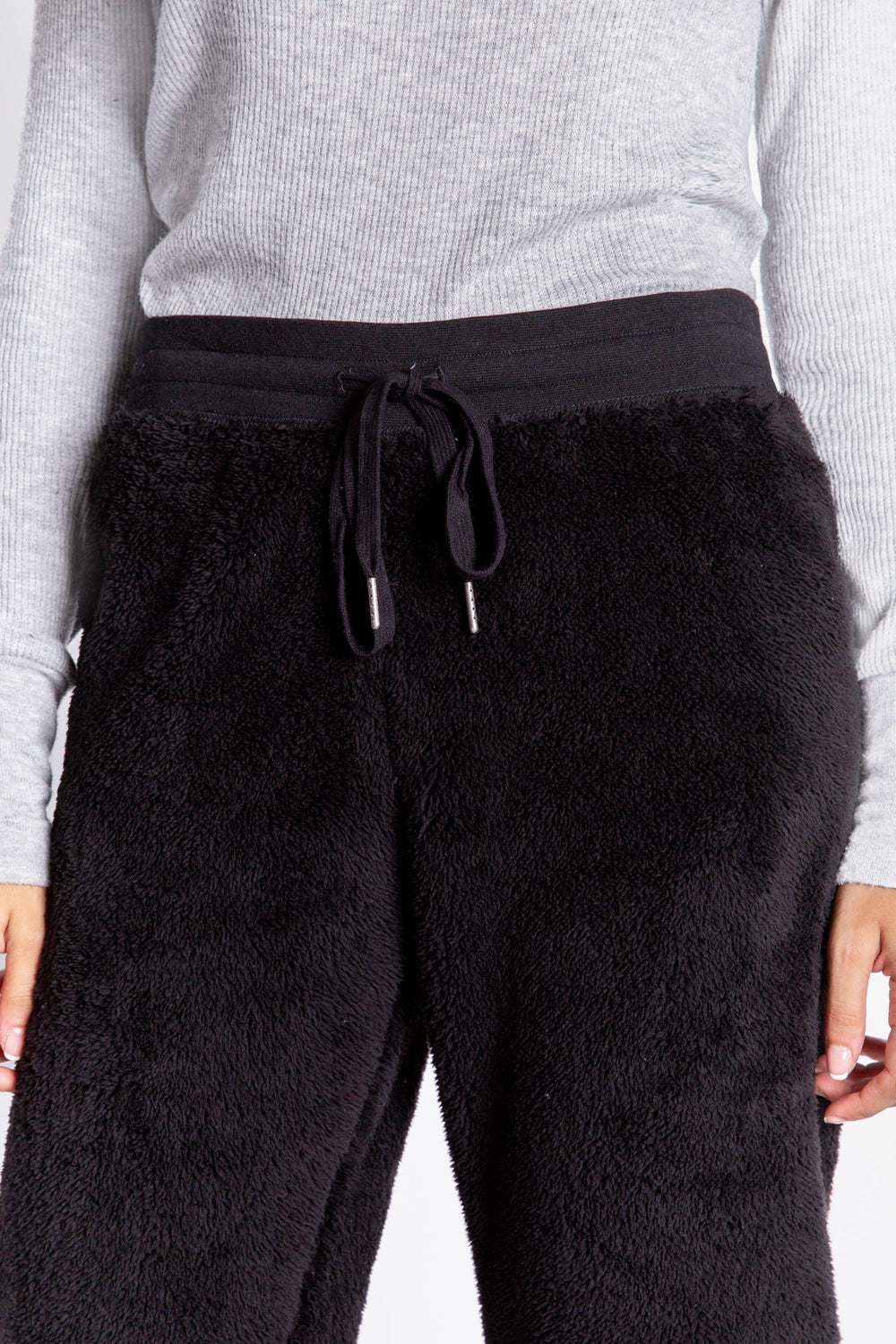 Black-deep grey speckled faux fur cozy pant. Banded rib knit bottom & waistband with tie. (6982902284388)