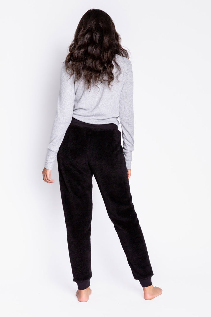Black-deep grey speckled faux fur cozy pant. Banded rib knit bottom & waistband with tie. (6982902284388)