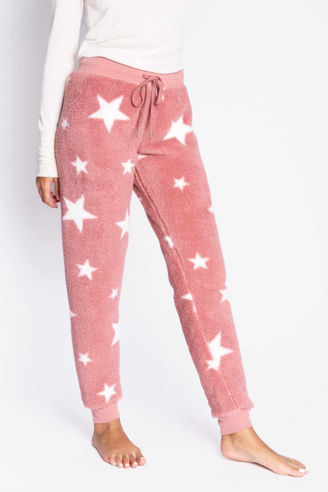 Pale pink & star-print faux fur cozy pant. Banded rib knit bottom & waistband with tie. (6982902218852)